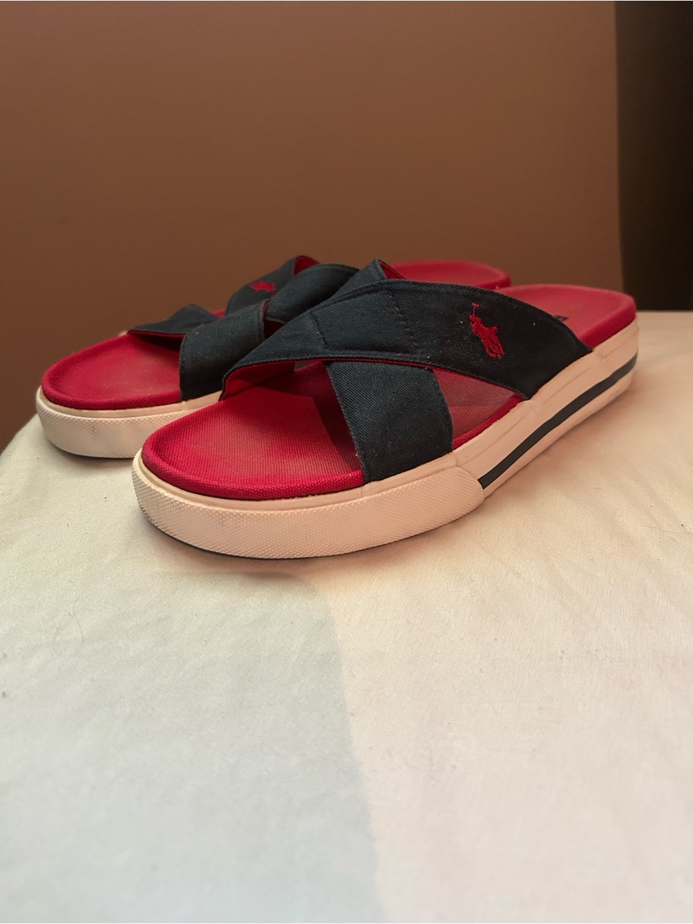 Polo by Ralph Lauren Red Footbed with Navy Cross-Strap Slide Sandals